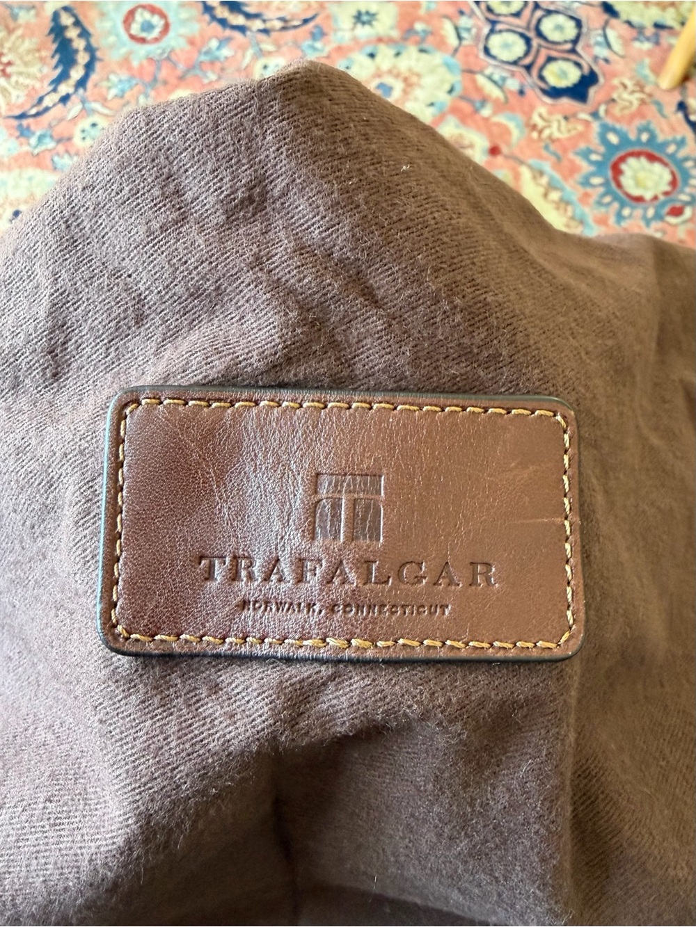 Trafalgar Norwalk Connecticut Brown Leather Logo Patch duffel bag